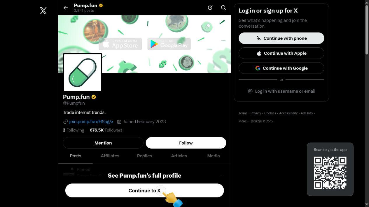 Pump.fun X profile showing the bio Trade internet trends